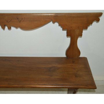 ANTICA GRANDE PANCA epoca 1800 LEGNO MASSELLO NOCE PANCHINA con SCHIENALE CHIESA