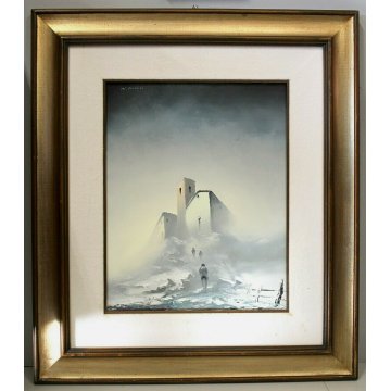 GRANDE QUADRO OLIO TELA N. Mucci Prima neve PAESAGGIO METAFISICO CASOLARE NEBBIA