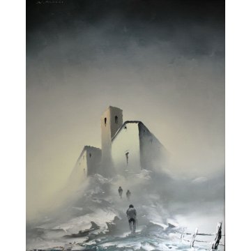 GRANDE QUADRO OLIO TELA N. Mucci Prima neve PAESAGGIO METAFISICO CASOLARE NEBBIA