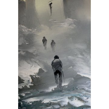 GRANDE QUADRO OLIO TELA N. Mucci Prima neve PAESAGGIO METAFISICO CASOLARE NEBBIA