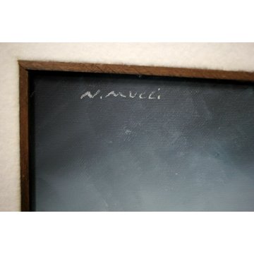 GRANDE QUADRO OLIO TELA N. Mucci Prima neve PAESAGGIO METAFISICO CASOLARE NEBBIA