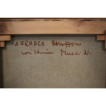 GRANDE QUADRO OLIO TELA N. Mucci Prima neve PAESAGGIO METAFISICO CASOLARE NEBBIA