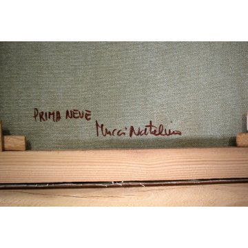 GRANDE QUADRO OLIO TELA N. Mucci Prima neve PAESAGGIO METAFISICO CASOLARE NEBBIA