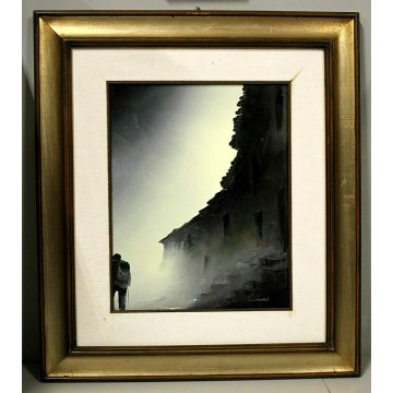GRANDE QUADRO OLIO TELA N. Mucci PAESAGGIO MONTAGNA con FIGURA NEVE SOLE 900