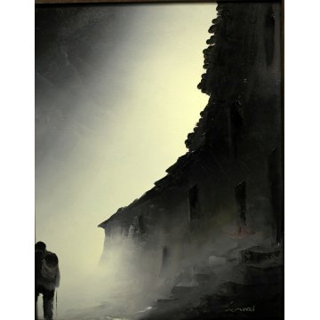 GRANDE QUADRO OLIO TELA N. Mucci PAESAGGIO MONTAGNA con FIGURA NEVE SOLE 900