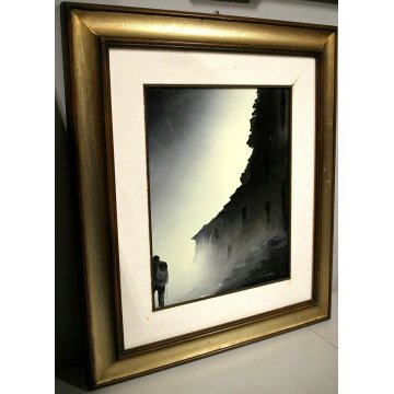 GRANDE QUADRO OLIO TELA N. Mucci PAESAGGIO MONTAGNA con FIGURA NEVE SOLE 900