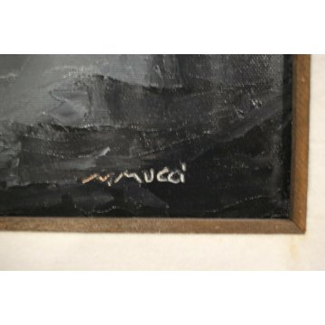 GRANDE QUADRO OLIO TELA N. Mucci PAESAGGIO MONTAGNA con FIGURA NEVE SOLE 900