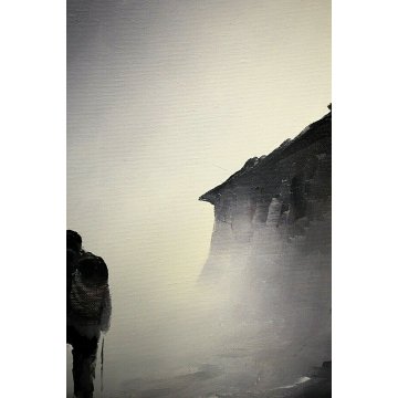 GRANDE QUADRO OLIO TELA N. Mucci PAESAGGIO MONTAGNA con FIGURA NEVE SOLE 900