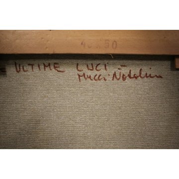 GRANDE QUADRO OLIO TELA N. Mucci PAESAGGIO MONTAGNA con FIGURA NEVE SOLE 900