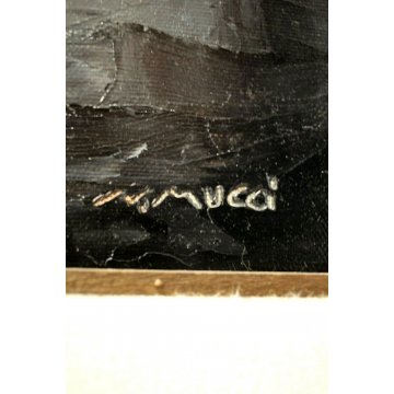 GRANDE QUADRO OLIO TELA N. Mucci PAESAGGIO MONTAGNA con FIGURA NEVE SOLE 900