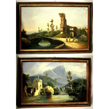 COPPIA QUADRO DIPINTO OLIO TELA PAESAGGIO ANTICHE ROVINE ARCHITETTONICHE FIGURE 