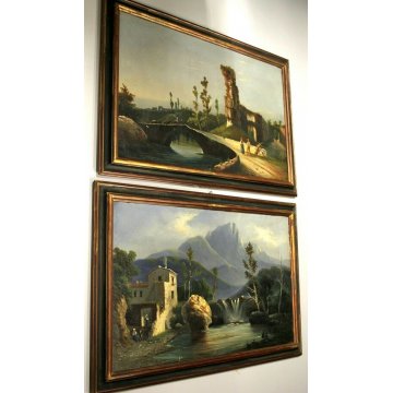 COPPIA QUADRO DIPINTO OLIO TELA PAESAGGIO ANTICHE ROVINE ARCHITETTONICHE FIGURE 