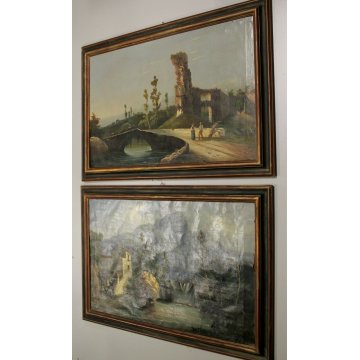 COPPIA QUADRO DIPINTO OLIO TELA PAESAGGIO ANTICHE ROVINE ARCHITETTONICHE FIGURE 