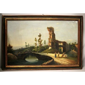 COPPIA QUADRO DIPINTO OLIO TELA PAESAGGIO ANTICHE ROVINE ARCHITETTONICHE FIGURE 