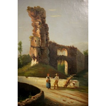 COPPIA QUADRO DIPINTO OLIO TELA PAESAGGIO ANTICHE ROVINE ARCHITETTONICHE FIGURE 