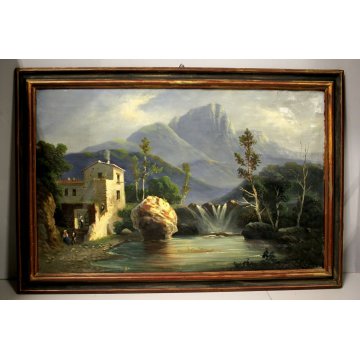 COPPIA QUADRO DIPINTO OLIO TELA PAESAGGIO ANTICHE ROVINE ARCHITETTONICHE FIGURE 