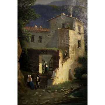 COPPIA QUADRO DIPINTO OLIO TELA PAESAGGIO ANTICHE ROVINE ARCHITETTONICHE FIGURE 