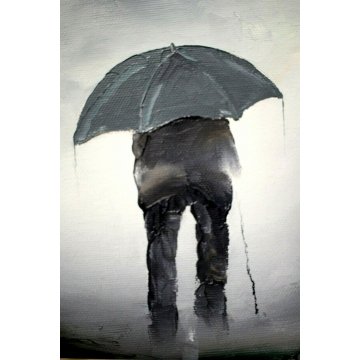 QUADRO OLIO TELA N.Mucci Sotto l'ombrello NEBBIA PIOGGIA FIGURA OMBRELLO BASTONE