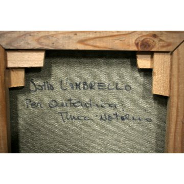 QUADRO OLIO TELA N.Mucci Sotto l'ombrello NEBBIA PIOGGIA FIGURA OMBRELLO BASTONE