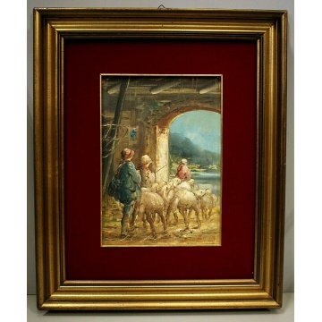 ANTICO QUADRO OLIO Mario Fattori CAMPAGNA TOSCANA SCENA di GENERE OVILE PECORE