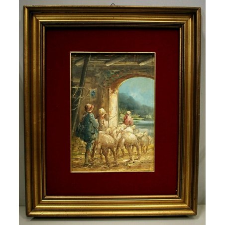 ANTICO QUADRO OLIO Mario Fattori CAMPAGNA TOSCANA SCENA di GENERE OVILE PECORE