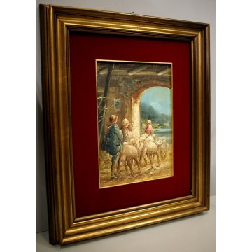 ANTICO QUADRO OLIO Mario Fattori CAMPAGNA TOSCANA SCENA di GENERE OVILE PECORE