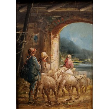 ANTICO QUADRO OLIO Mario Fattori CAMPAGNA TOSCANA SCENA di GENERE OVILE PECORE