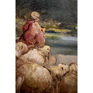 ANTICO QUADRO OLIO Mario Fattori CAMPAGNA TOSCANA SCENA di GENERE OVILE PECORE