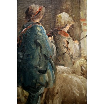 ANTICO QUADRO OLIO Mario Fattori CAMPAGNA TOSCANA SCENA di GENERE OVILE PECORE