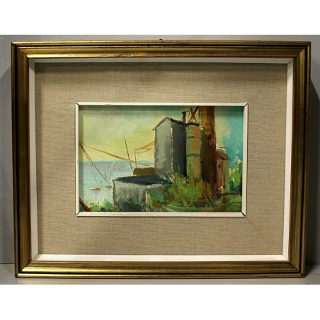 PICCOLO QUADRO DIPINTO OLIO TAVOLA PAESAGGIO INDUSTRIALE MARINA PORTO MARE GRU 