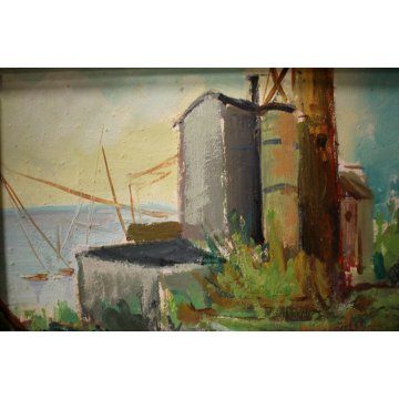 PICCOLO QUADRO DIPINTO OLIO TAVOLA PAESAGGIO INDUSTRIALE MARINA PORTO MARE GRU 