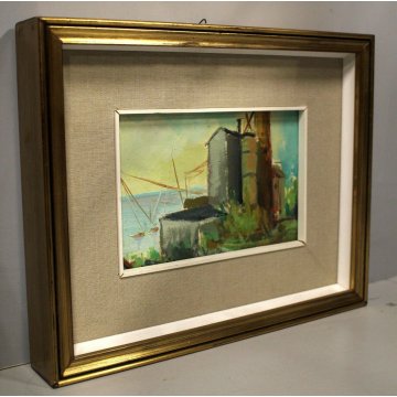 PICCOLO QUADRO DIPINTO OLIO TAVOLA PAESAGGIO INDUSTRIALE MARINA PORTO MARE GRU 