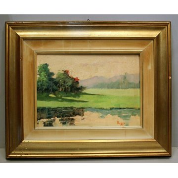 ANTICO DIPINTO OLIO Pasquero Dino "specchio" PAESAGGIO LACUSTRE LAGO SELVA 1987