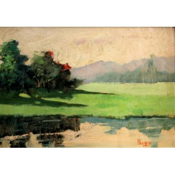 ANTICO DIPINTO OLIO Pasquero Dino "specchio" PAESAGGIO LACUSTRE LAGO SELVA 1987