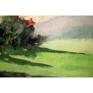 ANTICO DIPINTO OLIO Pasquero Dino "specchio" PAESAGGIO LACUSTRE LAGO SELVA 1987