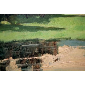 ANTICO DIPINTO OLIO Pasquero Dino "specchio" PAESAGGIO LACUSTRE LAGO SELVA 1987