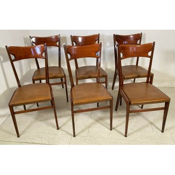 LOTTO 6 SEDIA DESIGN LEGNO MOGANO SKY SET SALA SALOTTO CHAIR ANNI 50 VINTAGE 