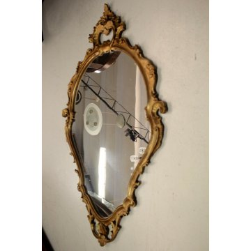 ANTICA SPECCHIERA SPECCHIO OVALE CORNICE SCOLPITA DORATA STILE BAROCCO LEGNO 