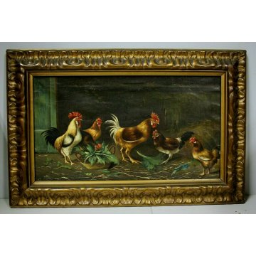 ANTICO QUADRO DIPINTO OLIO TELA SCENA VITA CONTADINA POLLAIO GALLO GALLINE '900 