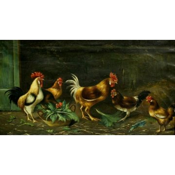 ANTICO QUADRO DIPINTO OLIO TELA SCENA VITA CONTADINA POLLAIO GALLO GALLINE '900 