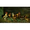 ANTICO QUADRO DIPINTO OLIO TELA SCENA VITA CONTADINA POLLAIO GALLO GALLINE '900 