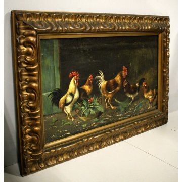 ANTICO QUADRO DIPINTO OLIO TELA SCENA VITA CONTADINA POLLAIO GALLO GALLINE '900 