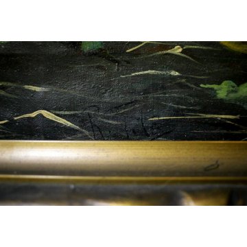 ANTICO QUADRO DIPINTO OLIO TELA SCENA VITA CONTADINA POLLAIO GALLO GALLINE '900 