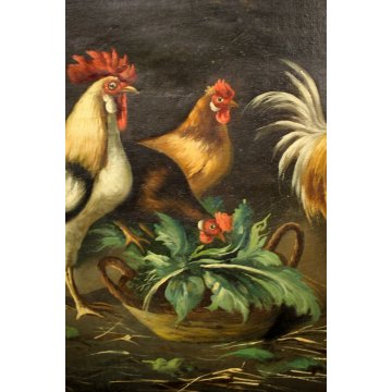ANTICO QUADRO DIPINTO OLIO TELA SCENA VITA CONTADINA POLLAIO GALLO GALLINE '900 