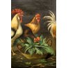 ANTICO QUADRO DIPINTO OLIO TELA SCENA VITA CONTADINA POLLAIO GALLO GALLINE '900 