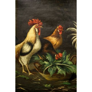 ANTICO QUADRO DIPINTO OLIO TELA SCENA VITA CONTADINA POLLAIO GALLO GALLINE '900 