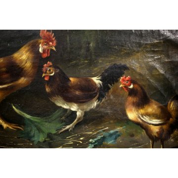 ANTICO QUADRO DIPINTO OLIO TELA SCENA VITA CONTADINA POLLAIO GALLO GALLINE '900 