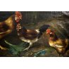 ANTICO QUADRO DIPINTO OLIO TELA SCENA VITA CONTADINA POLLAIO GALLO GALLINE '900 