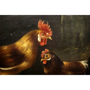 ANTICO QUADRO DIPINTO OLIO TELA SCENA VITA CONTADINA POLLAIO GALLO GALLINE '900 