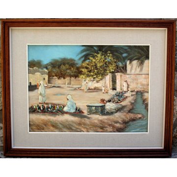 ANTICO QUADRO Ermes Carnaghi  OLIO TAVOLA 1935 Oasi BISKRA PICCOLO MERCATO LIBIA